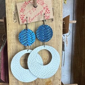 Blue and White Leather Earrings